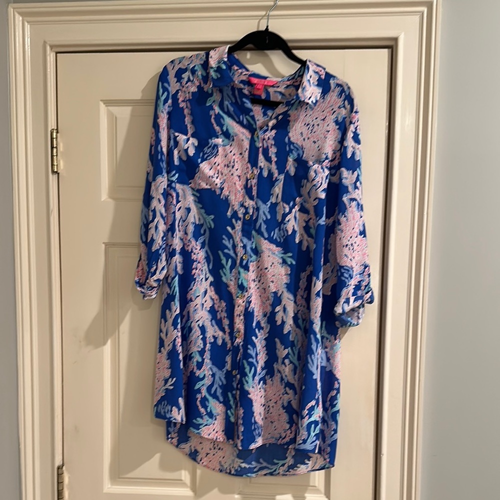 Blue and Pink Coral Print Cover Up